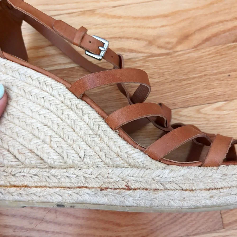 [SOLD] Coach Cognac Brown Leather Caged T-Strap Espadrille Wedge Strappy Sandals - Picture 13 of 16